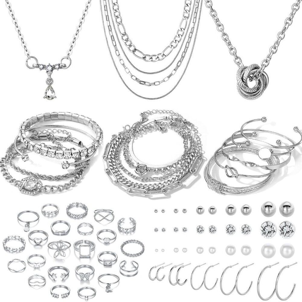 36 PC Silver Plated Jewelry Set With 3 Necklace, 12 Bracelet, 7 Ear Cuffs Earrin